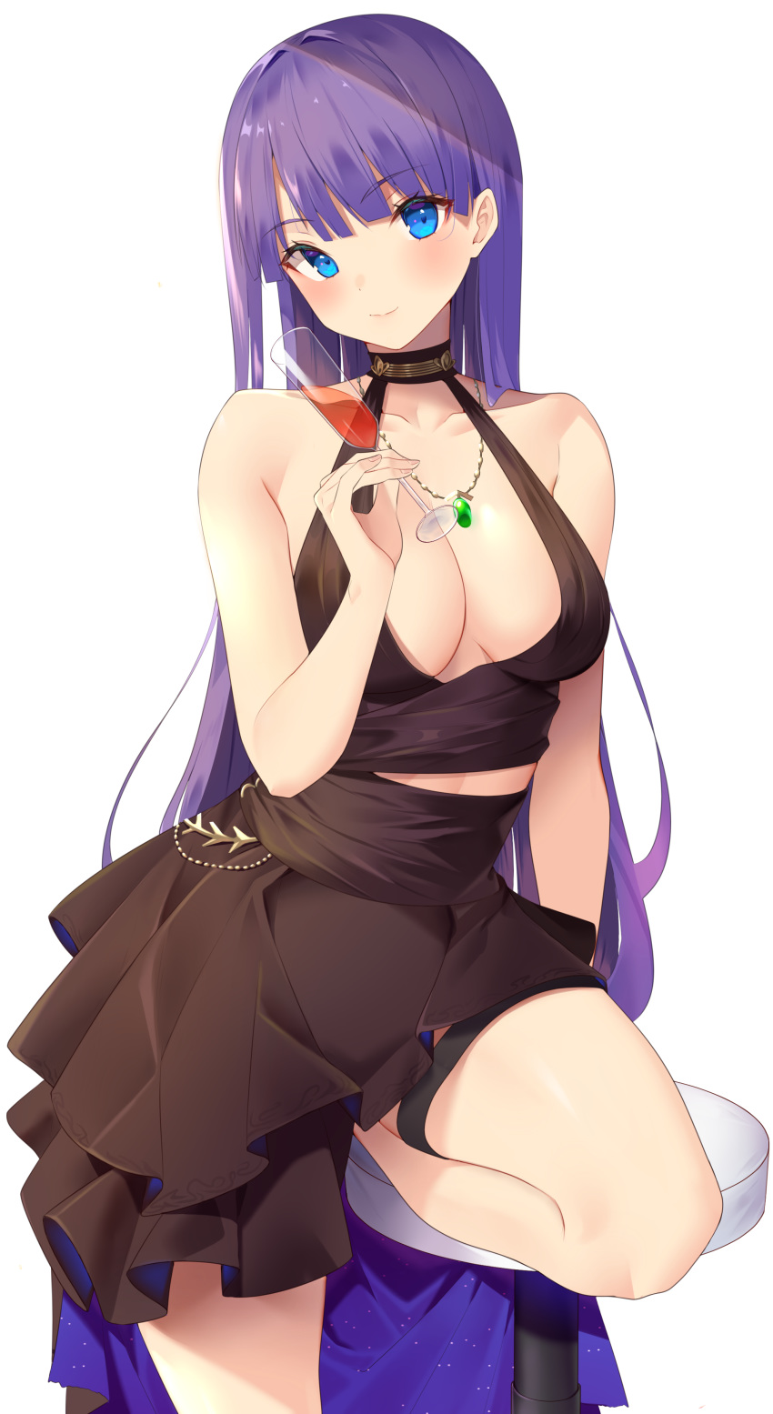 1girl absurdres bangs bare_shoulders black_dress blue_eyes blush breasts cleavage closed_mouth collarbone cup dress drinking_glass fate/grand_order fate_(series) highres jewelry jun_(aousa0328) large_breasts long_hair looking_at_viewer necklace pendant purple_hair saint_martha simple_background smile stool straight_hair thighs white_background