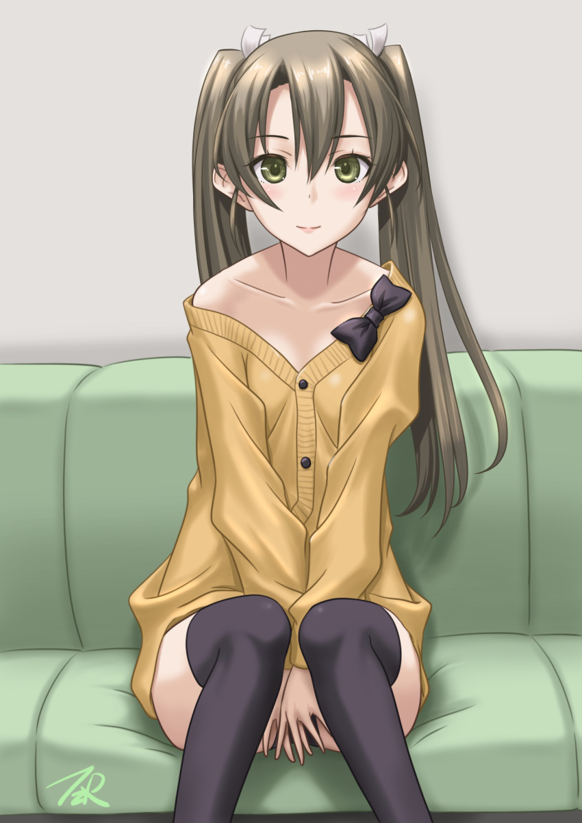 1girl alternate_costume black_legwear black_neckwear commentary_request dress feet_out_of_frame green_eyes grey_hair highres kantai_collection long_hair looking_at_viewer off-shoulder_dress off_shoulder ribbon sitting solo sweater t2r thighhighs twintails v_arms white_ribbon zuikaku_(kantai_collection)