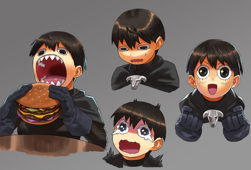 1girl black_eyes black_hair breasts food full_body gloves grey_background hair_between_eyes hamburger looking_at_viewer multiple_views narisokonai open_mouth original sanpaku sharp_teeth simple_background smile teeth wavy_eyes wavy_mouth