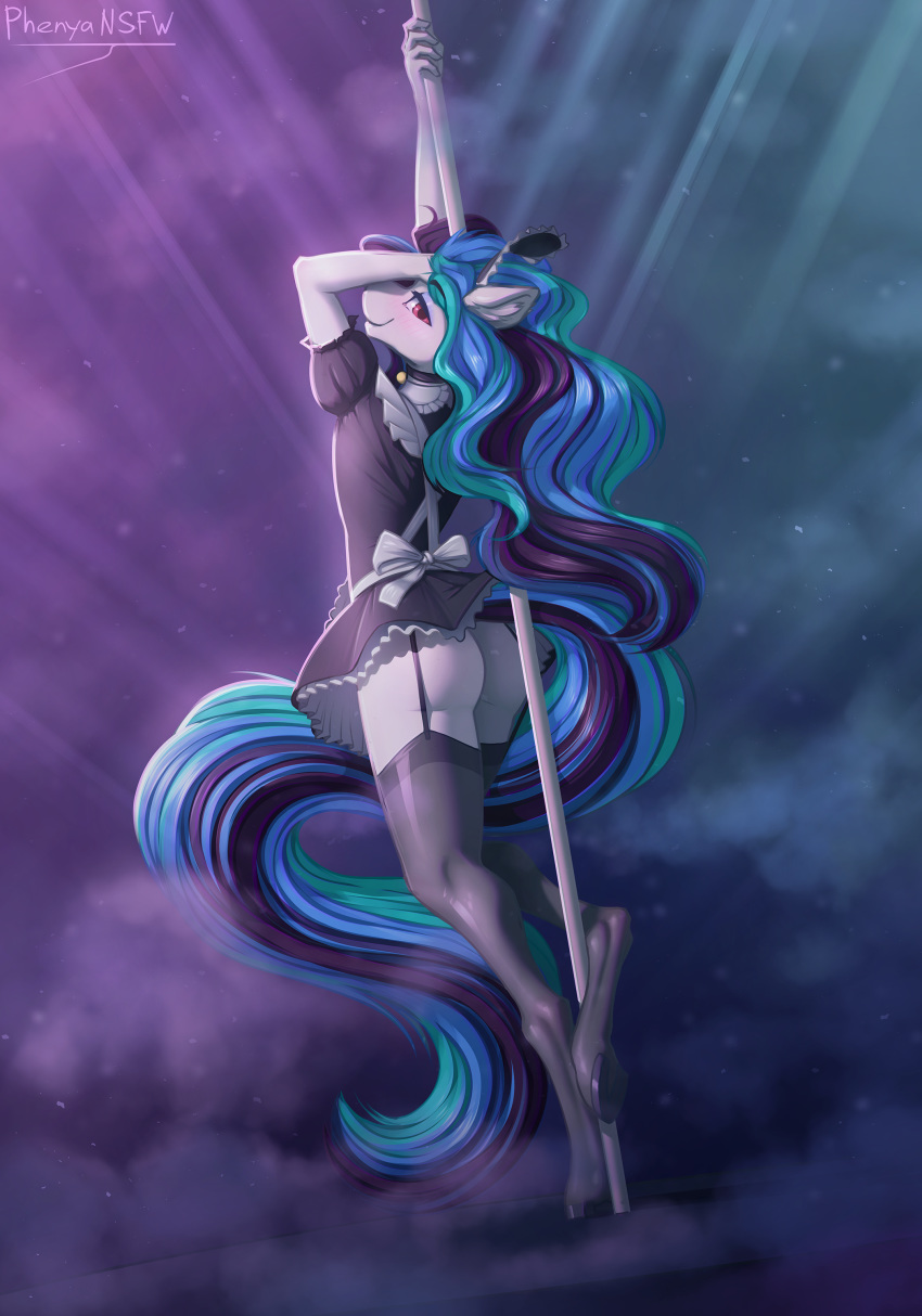 absurd_res anthro butt clothed clothing crossdressing dancing equid equine garter_straps girly hair hasbro hi_res hooves legwear long_hair maid_uniform male mammal my_little_pony phenyanyanya pole pole_dancing solo stripper_pole thigh_highs uniform