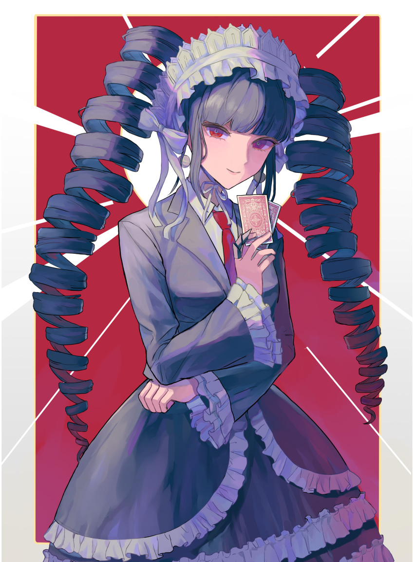 1girl absurdres bangs black_hair bonnet card celestia_ludenberck closed_mouth commentary_request cowboy_shot danganronpa:_trigger_happy_havoc danganronpa_(series) dress drill_hair frills goshido_(user_syxu5442) gothic_lolita highres holding holding_card lolita_fashion long_hair long_sleeves looking_at_viewer necktie playing_card red_eyes red_neckwear smile solo twin_drills twintails
