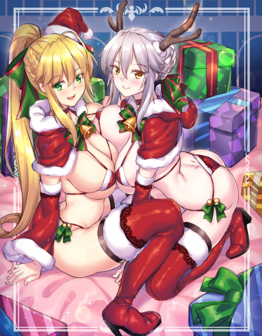 2girls animal_ears antlers artoria_pendragon_(all) artoria_pendragon_(lancer) artoria_pendragon_(lancer_alter) ass bikini blonde_hair boots box braid breast_press breasts capelet detached_sleeves fake_animal_ears fate/grand_order fate_(series) fur_trim gift gift_box green_eyes hair_between_eyes hat high_heels highres large_breasts looking_at_viewer multiple_girls ponytail red_bikini red_capelet red_footwear red_headwear santa_bikini santa_hat shirokuma_a side-tie_bikini silver_hair sitting smile string_bikini swimsuit symmetrical_docking thigh_boots thighhighs yellow_eyes