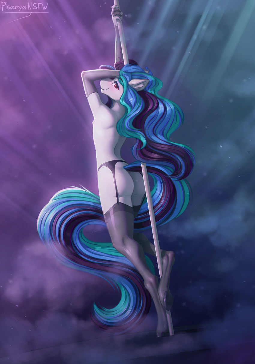 absurd_res anthro butt clothing dancing equid equine garter_straps girly hair hasbro hi_res hooves legwear long_hair male mammal my_little_pony phenyanyanya pole pole_dancing solo stripper_pole thigh_highs