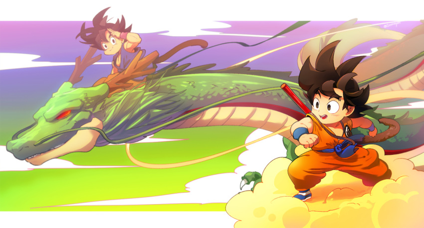 2boys animal black_eyes black_hair blue_footwear blue_shirt blurry blurry_background border clenched_hands closed_mouth clothes_writing cloud cloudy_sky deer_antlers dot_nose dougi dragon dragon_ball dragon_ball_(classic) dragon_ball_gt dragon_riding dual_persona facing_viewer flying_nimbus gradient gradient_background green_background hand_on_own_face hand_up horns legs_apart looking_afar looking_at_viewer male_focus messy_hair monkey_tail multiple_boys nyoibo ommmyoh open_mouth pants pink_background purple_background red_eyes salute shenlong_(dragon_ball) shirt shoes sitting_on_animal sky smile son_goku spiked_hair standing tail teeth time_paradox weapon whiskers white_border wide_shot wristband yellow_background yellow_pants younger