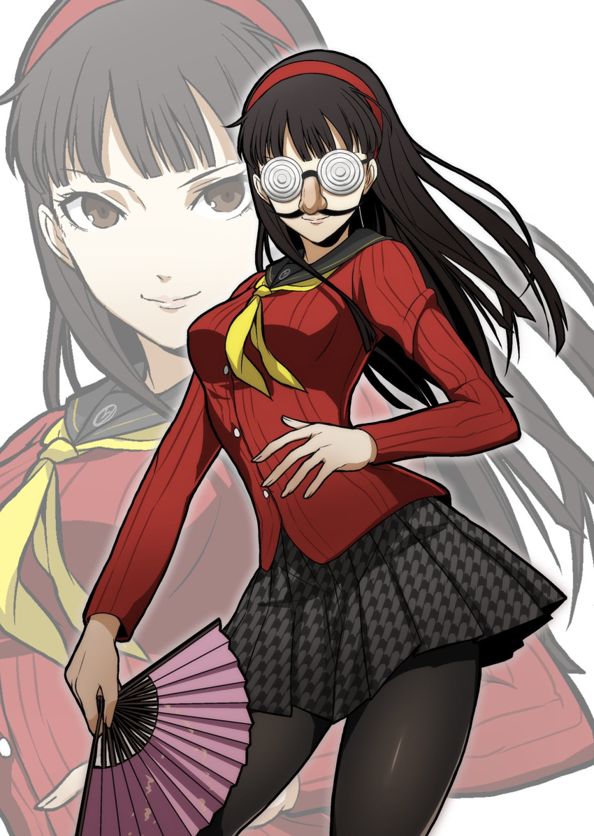 1girl amagi_yukiko bangs black_hair black_legwear black_sailor_collar blunt_bangs breasts brown_eyes cardigan contrapposto fake_nose fan folding_fan funny_glasses glasses grey_skirt hairband highres holding holding_fan houndstooth igusaharu long_hair opaque_glasses persona persona_4 red_cardigan red_hairband rimless_eyewear sailor_collar school_uniform serafuku skirt slender_waist small_breasts smile solo straight_hair yasogami_school_uniform yellow_neckwear zoom_layer