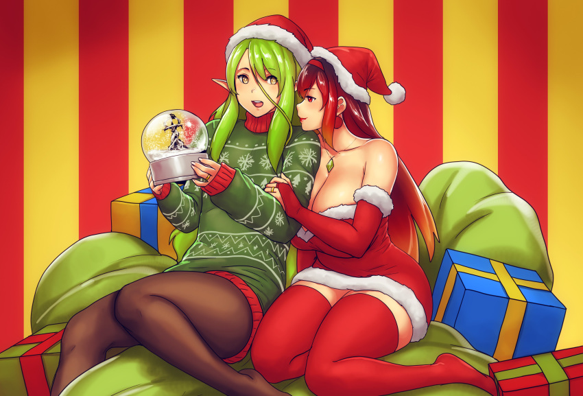 2girls absurdres borrowed_character breasts christmas christmas_present christmas_sweater clothes_around_waist elf erkaz gift green_sweater highres jewelry karinka_katyusha_(erkaz) large_breasts lily_(lele_hitam1) multiple_girls necklace original pantyhose pointy_ears red_eyes red_legwear red_lips ring sack santa_dress snow_globe sweater sweater_around_waist thighhighs thighs wedding_band wife_and_wife yellow_eyes