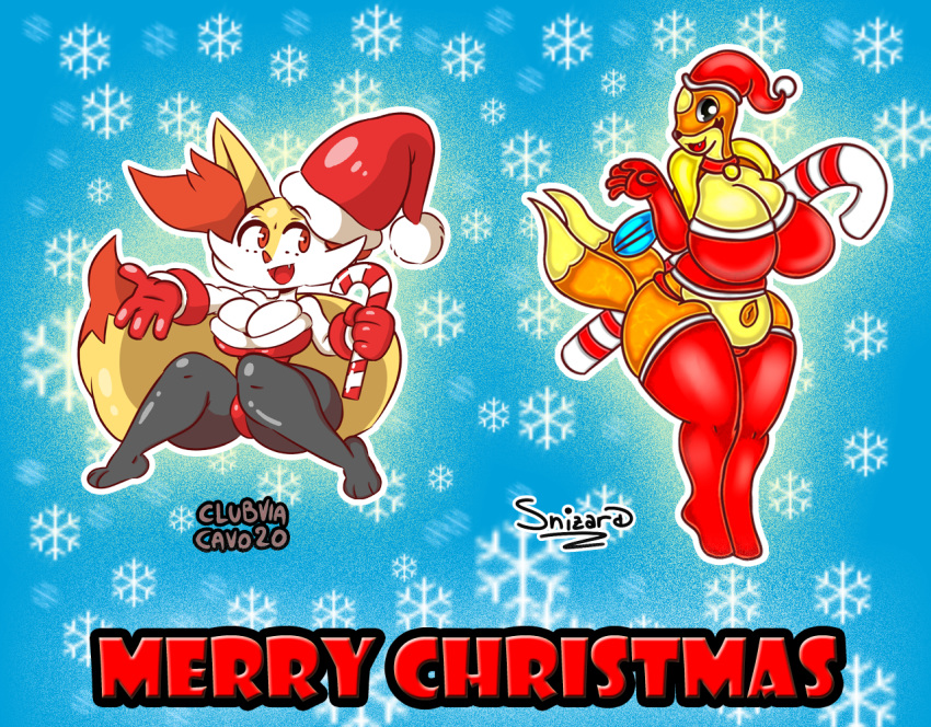 anthro big_breasts braixen breasts christmas christmas_clothing clothing clubviacavo curvy_figure duo female floatzel holidays nintendo pok&eacute;mon pok&eacute;mon_(species) pok&eacute;morph slightly_chubby snizard video_games wide_hips