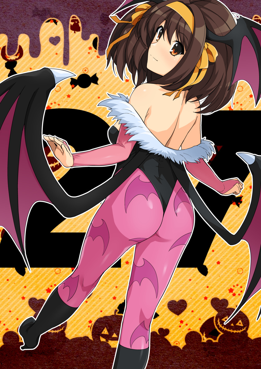 1girl absurdres animal_print ass bangs bat_print boots brown_eyes brown_hair cosplay eyebrows_visible_through_hair hair_ornament haruhisky highleg highleg_leotard highres leotard low_wings morrigan_aensland morrigan_aensland_(cosplay) pantyhose shiny shiny_skin solo suzumiya_haruhi suzumiya_haruhi_no_yuuutsu wings