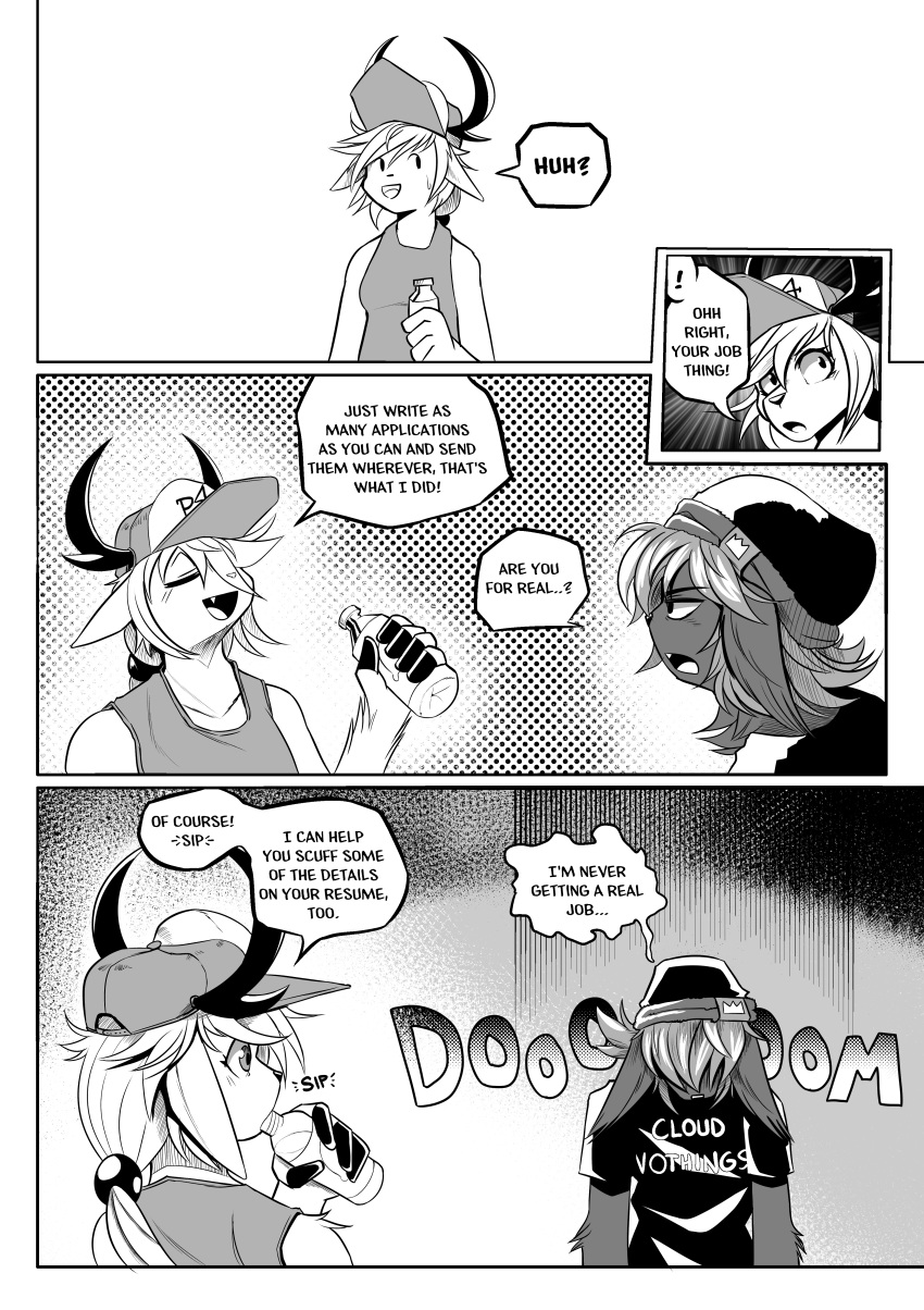 absurd_res anthro antlers beanie capreoline carpetwurm cervid clothed clothing comic conditional_dnp dialogue english_text eyes_closed female fully_clothed greyscale hair hat headgear headwear hi_res horn male mammal monochrome open_mouth ponytail reindeer rodent sciurid shirt smile t-shirt text topwear webcomic