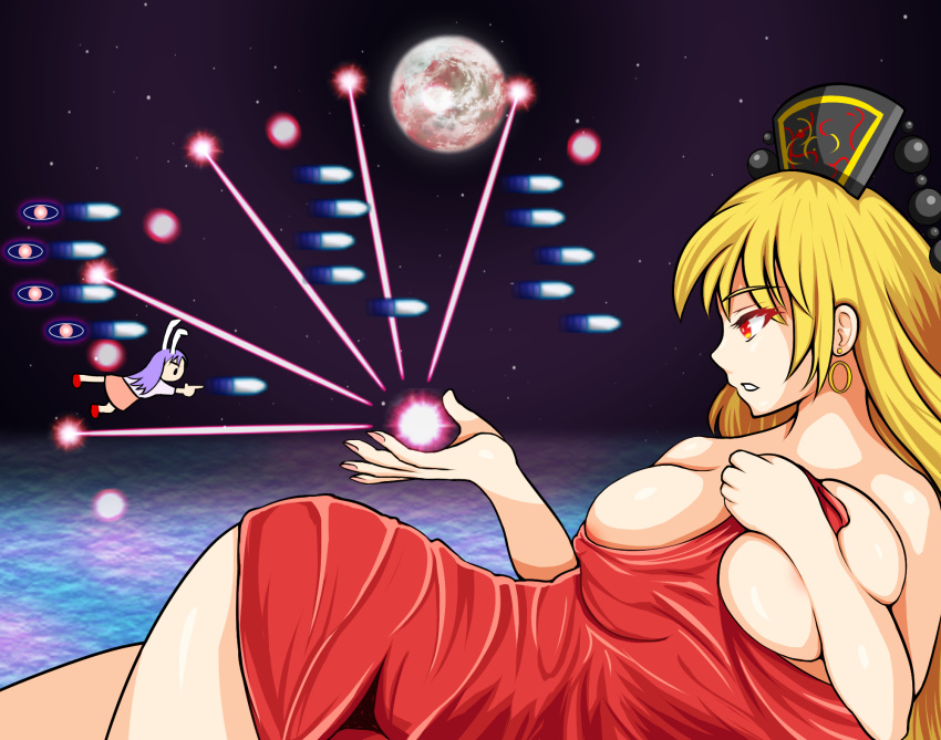 2girls animal_ears bed_sheet black_headwear blonde_hair breasts bunny_ears child_drawing colored_eyelashes covering covering_body covering_breasts earrings earth energy_ball energy_beam expressionless eyebrows_visible_through_hair finger_gun flying gradient_eyes highres hip_focus huge_breasts jewelry jpeg_artifacts junko_(touhou) long_hair long_sleeves looking_at_another lying multicolored multicolored_eyes multiple_girls ocean on_side parodius pink_skirt profile puck100ml purple_hair red_eyes reisen_udongein_inaba shiny shiny_clothes shiny_hair shiny_skin shirt skirt space star_(sky) tassel thighs touhou very_long_hair white_shirt yellow_eyes