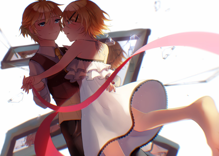 1boy 1girl adolescence_(vocaloid) aryuma772 bangs blonde_hair brown_vest commentary countdown cowboy_shot dancing dress dutch_angle hair_ornament hairclip half-closed_eyes highres holding_hands kagamine_len kagamine_rin looking_at_another necktie ribbon shirt short_hair short_ponytail sleeveless sleeveless_dress smile string string_of_fate swept_bangs vest vocaloid white_background white_dress white_shirt yellow_neckwear