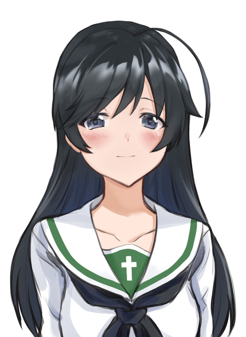 1girl bangs black_hair black_neckwear blue_eyes blush closed_mouth collarbone collared_shirt girls_und_panzer hair_between_eyes highres isuzu_hana long_hair looking_at_viewer mamu_t7s ooarai_school_uniform sailor_collar sailor_shirt school_uniform serafuku shiny shiny_hair shirt simple_background sketch smile solo straight_hair upper_body white_background white_sailor_collar white_shirt