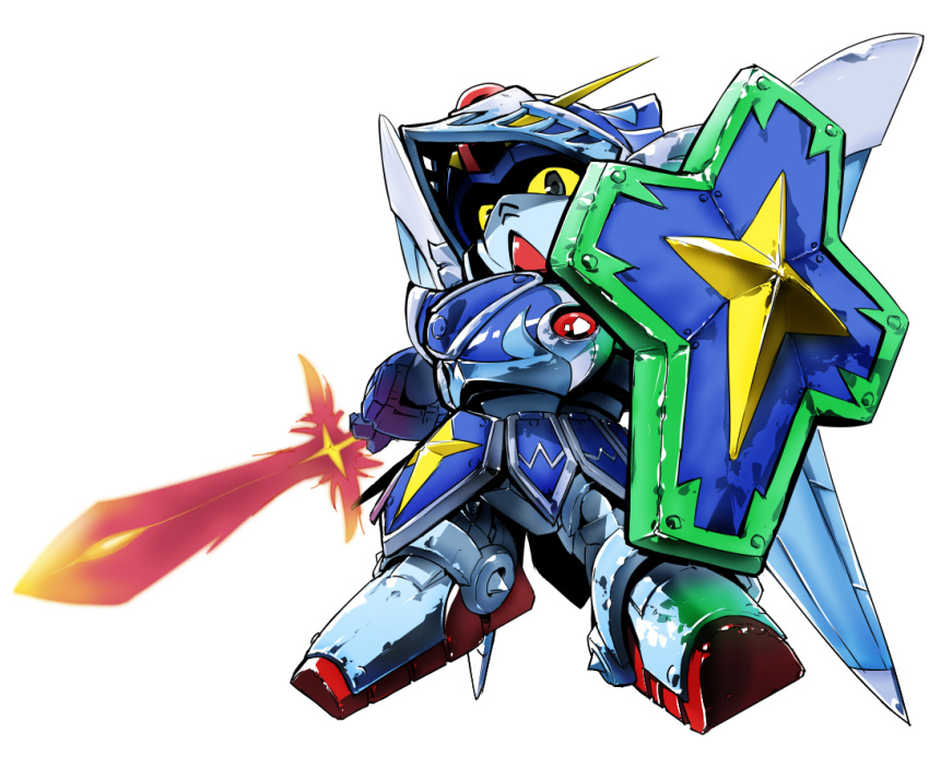 blue_eyes chibi energy_sword gundam holding holding_shield holding_sword holding_weapon knight_gundam mecha moyashi_koubou no_humans sd_gundam sd_gundam_gaiden shield solo sword v-fin weapon white_background yellow_sclera