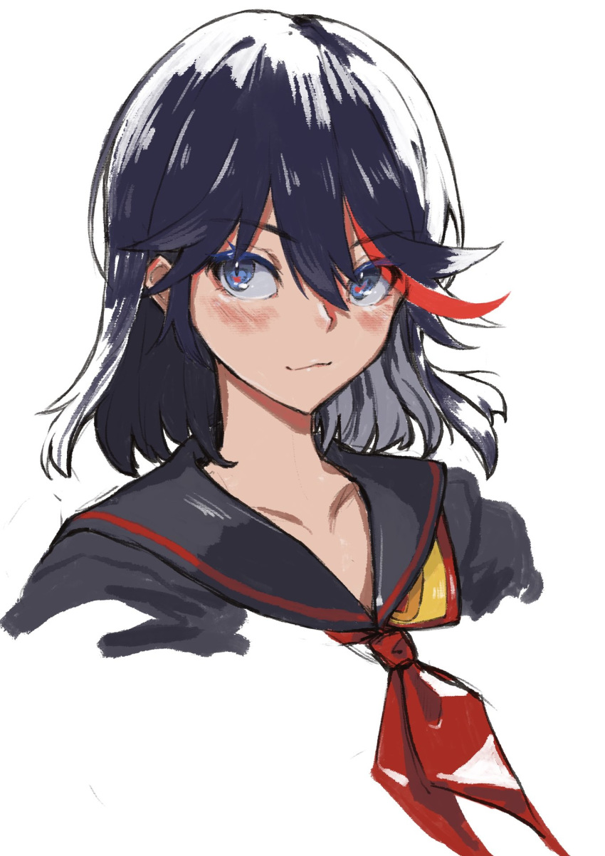 1girl bangs black_hair black_sailor_collar black_shirt blue_eyes blush closed_mouth collarbone collared_shirt eyebrows_visible_through_hair hair_between_eyes highlights highres kill_la_kill long_hair looking_at_viewer mamu_t7s matoi_ryuuko multicolored_hair neckerchief portrait red_neckwear sailor_collar sailor_shirt senketsu shiny shiny_hair shirt simple_background solo white_background