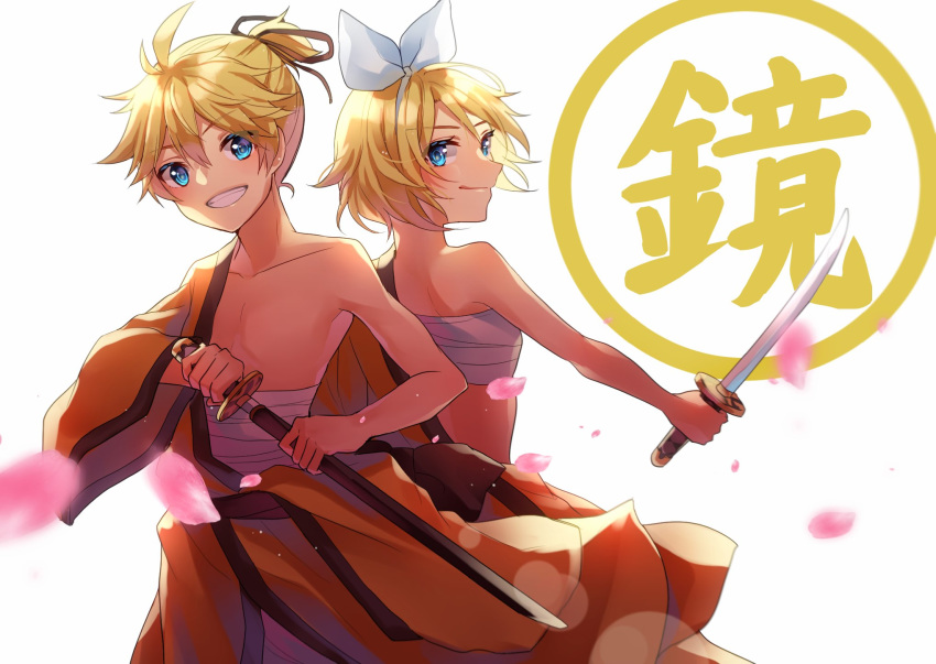 1boy 1girl aryuma772 back-to-back bare_shoulders blonde_hair blue_eyes bow character_name cherry_blossoms commentary countdown gekokujou_(vocaloid) grin hair_bow hair_ribbon highres holding holding_sword holding_weapon japanese_clothes kagamine_len kagamine_rin katana kimono looking_at_viewer looking_back open_clothes open_kimono orange_kimono petals ribbon sarashi sheath short_hair smile spiked_hair sword translated unsheathing upper_body vocaloid weapon white_background white_bow