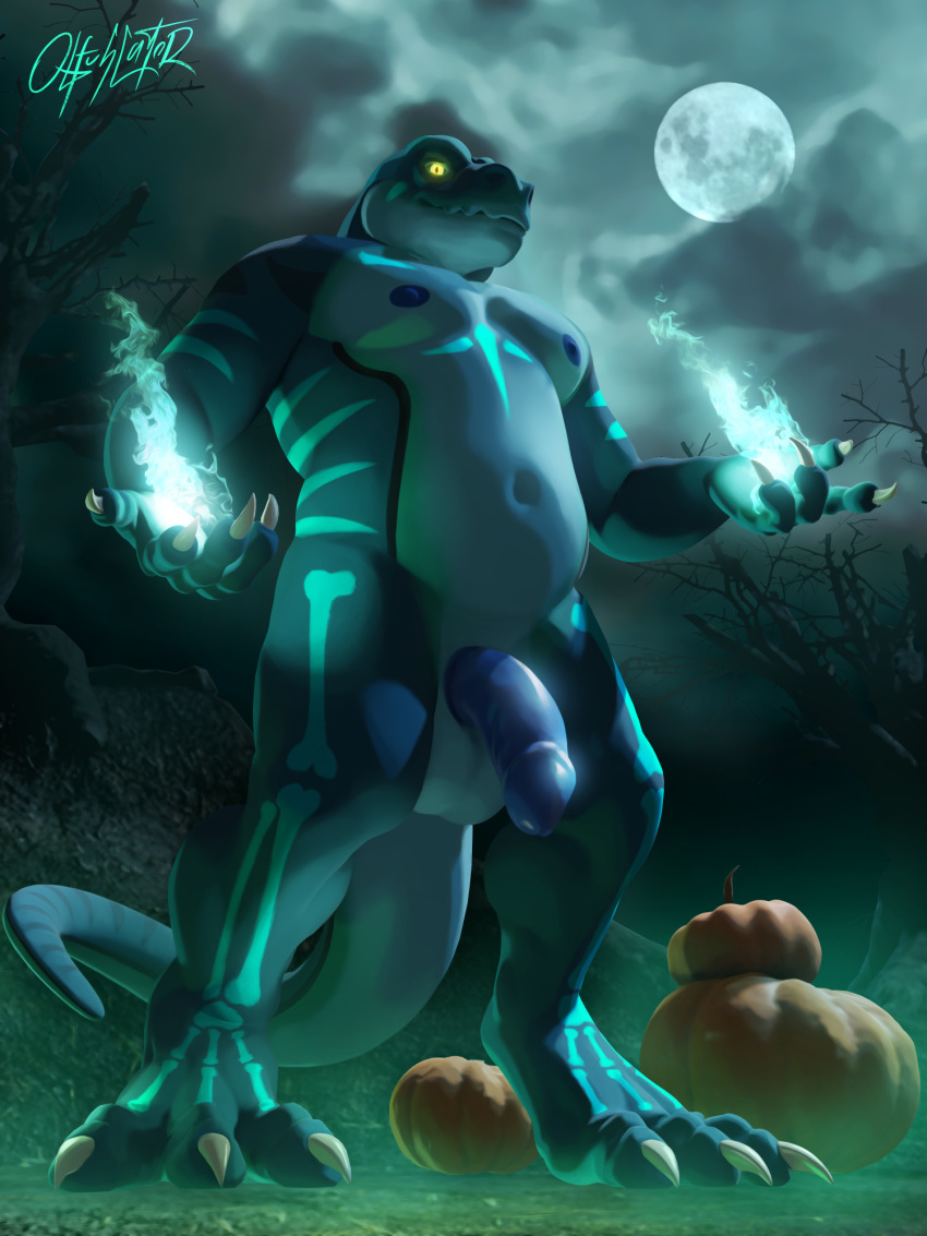 3:4 anthro balls blue_body blue_penis bodypaint by-nc-nd claws creative_commons detailed_background digital_media_(artwork) digitigrade dragomar fire flaccid fog food forest fruit genitals halloween hi_res holidays humanoid_genitalia humanoid_penis lizard looking_at_viewer magic magic_user male markings moon musclegut muscular muscular_anthro muscular_male nipples nude obfuscator paws pecs penis plant pumpkin reptile scalie solo toes tree yellow_eyes