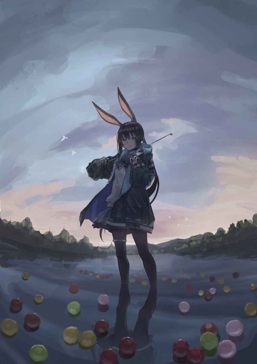 1girl absurdres amiya_(arknights) animal_ears arknights arms_up ascot bird black_jacket black_legwear blue_eyes blue_skirt brown_hair bunny_ears highres holding holding_instrument instrument jacket long_hair looking_at_viewer music open_clothes open_jacket outdoors pantyhose plaid plaid_skirt playing_instrument reflection shimamamauma shirt skirt sky smile soaking_feet solo thigh_strap violin violin_bow white_shirt