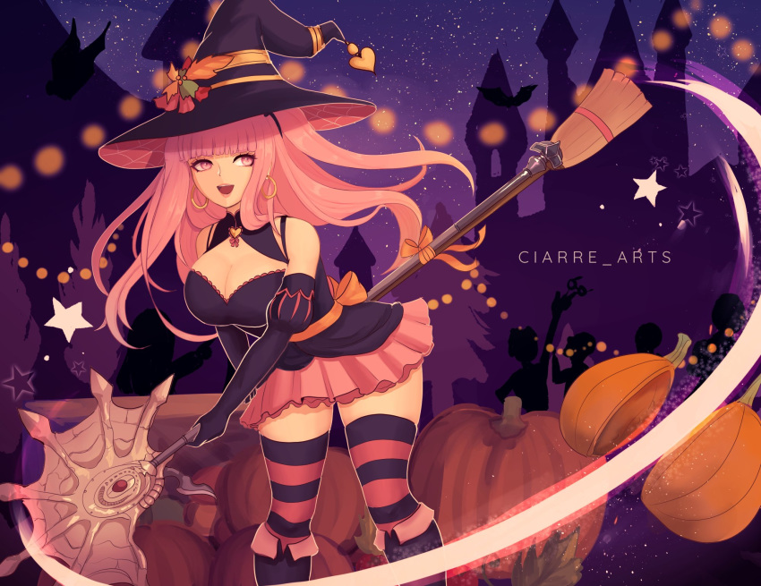 1girl artist_name axe breasts broom ciarre cleavage earrings fire_emblem fire_emblem:_three_houses freikugel_(weapon) halloween_costume hat highres hilda_valentine_goneril holding holding_axe jewelry long_hair pink_eyes pink_hair pumpkin solo thighhighs witch_hat