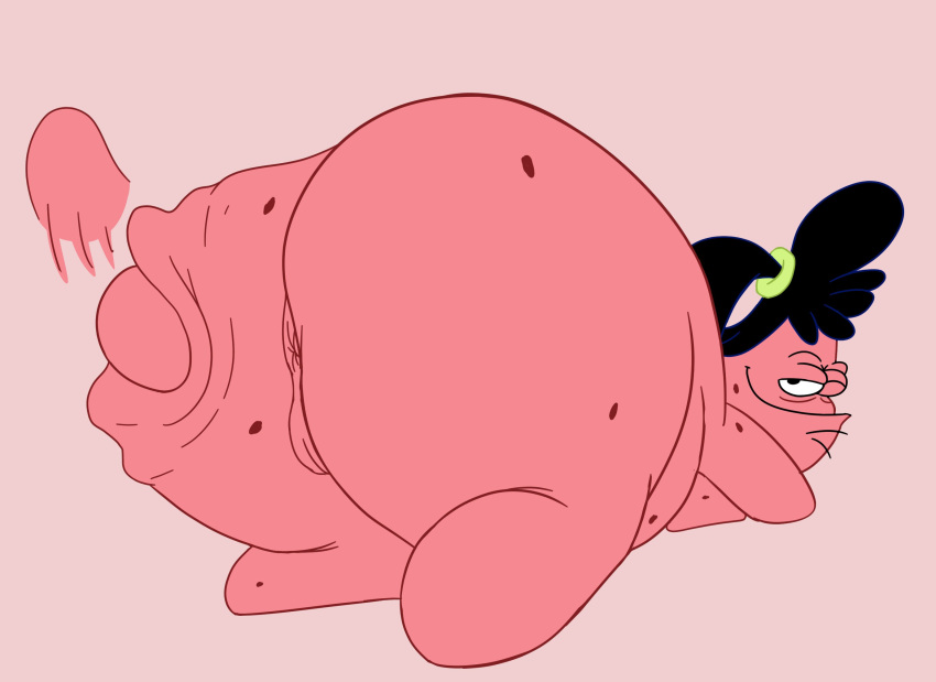 anthro anus asterozoan black_hair bob-jiggles breasts butt butt_slap echinoderm female hair half-closed_eyes hi_res looking_at_viewer looking_back looking_back_at_viewer marine narrowed_eyes navel nickelodeon non-mammal_breasts on_hands_and_knees one_eye_closed pink_body pinup pinup_pose ponytail pose sam_star scrunchie slap slapping_butt smile smirk solo spanking spongebob_squarepants spots starfish wink winking_at_viewer