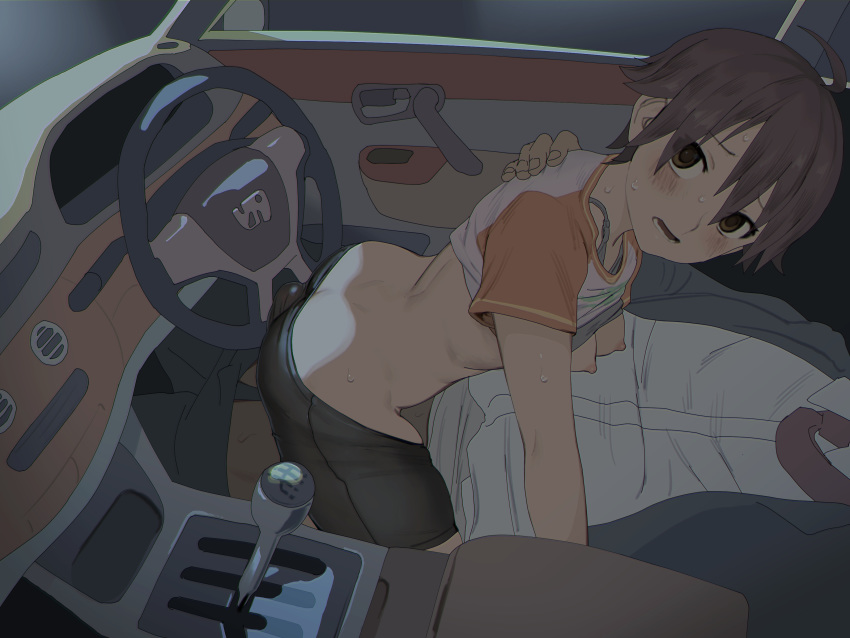 1boy 1girl 2equal8 absurdres ahoge ass back bike_shorts black_shorts blue_bra blush bra bra_lift breasts breasts_outside brown_eyes brown_hair butt_crack car_interior casual clothed_sex commentary dashboard dream_c_club dream_c_club_(series) dress_shirt embarrassed erection erection_under_clothes eyebrows_visible_through_hair fingernails grey_bra grey_jacket grey_legwear grinding hair_between_eyes head_out_of_frame hetero highres jacket looking_at_viewer looking_to_the_side medium_breasts nao_(dream_c_club) necktie nervous nipples open_mouth orange_shirt pants pants_pull raglan_sleeves raised_eyebrows red_neckwear reluctant sex shirt shirt_lift short_hair short_shorts shorts sitting small_breasts solo_focus steering_wheel straddling sweat sweatdrop t-shirt tomboy two-tone_shirt underwear white_shirt