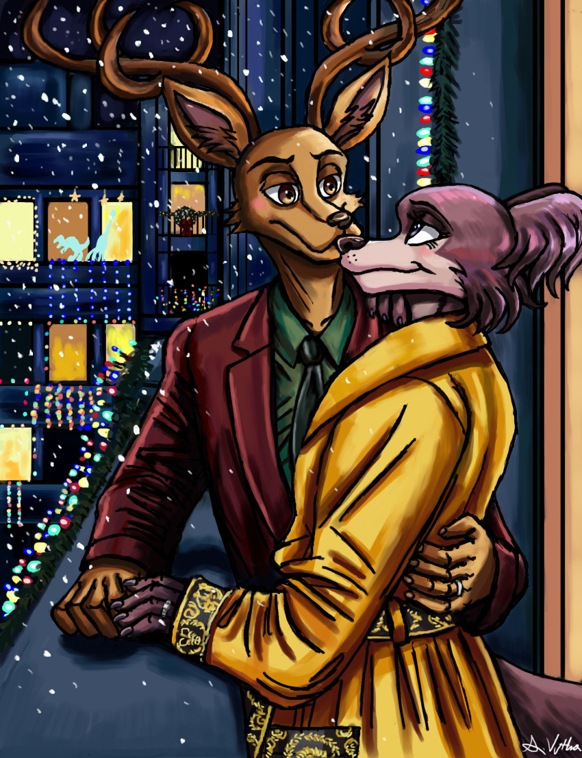 2020 anthro beastars black_nose brown_body brown_fur canid canine canis cervid cervine christmas christmas_lights clothed clothing countershade_face countershading digit_ring digital_media_(artwork) digital_painting_(artwork) duo female fur garland grey_body grey_fur hand_on_back hand_on_shoulder happy hi_res holidays jewelry juno_(beastars) looking_at_another looking_at_partner louis_(beastars) male male/female mammal married_couple multicolored_body multicolored_fur necktie night outside red_deer ring robe romantic_couple smile snow snowing suit tan_body tan_countershading tan_fur thelivingshadow two_tone_body two_tone_fur wedding_ring winter wolf