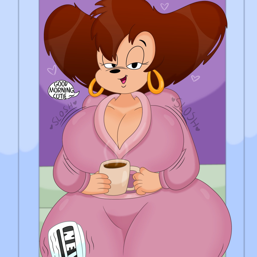 1:1 3barts absurd_res anthro bathrobe beverage big_breasts breasts brown_hair canid canine canis cleavage clothed clothing coffee coffee_mug curvaceous curvy_figure dialogue disney domestic_dog doorway ear_piercing ear_ring female goof_troop hair hi_res looking_at_viewer mammal mature_female newspaper peg_pete piercing robe small_waist solo speech_bubble tan_body voluptuous wide_hips