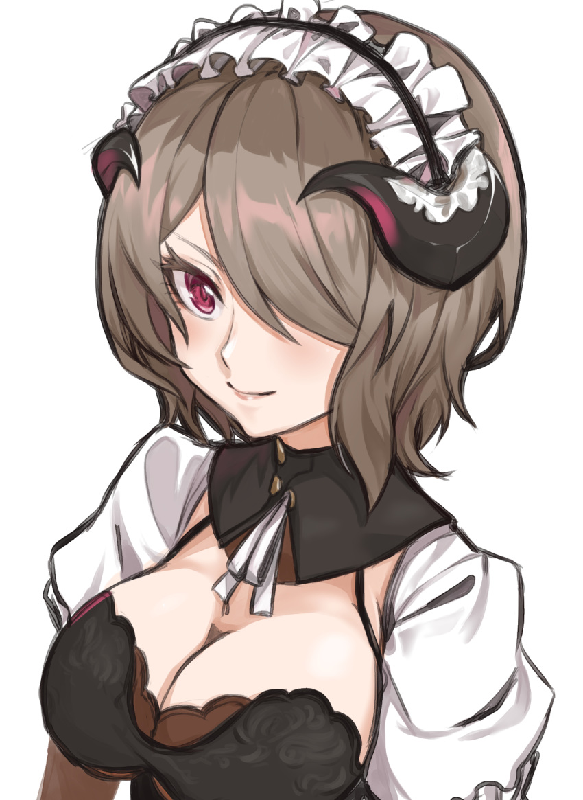 1girl bangs breasts brown_hair cleavage closed_mouth hair_over_one_eye highres honkai_(series) honkai_impact_3rd horns maid_headdress mamu_t7s medium_breasts red_eyes rita_rossweisse shiny shiny_hair short_hair simple_background sketch smile solo swept_bangs upper_body white_background