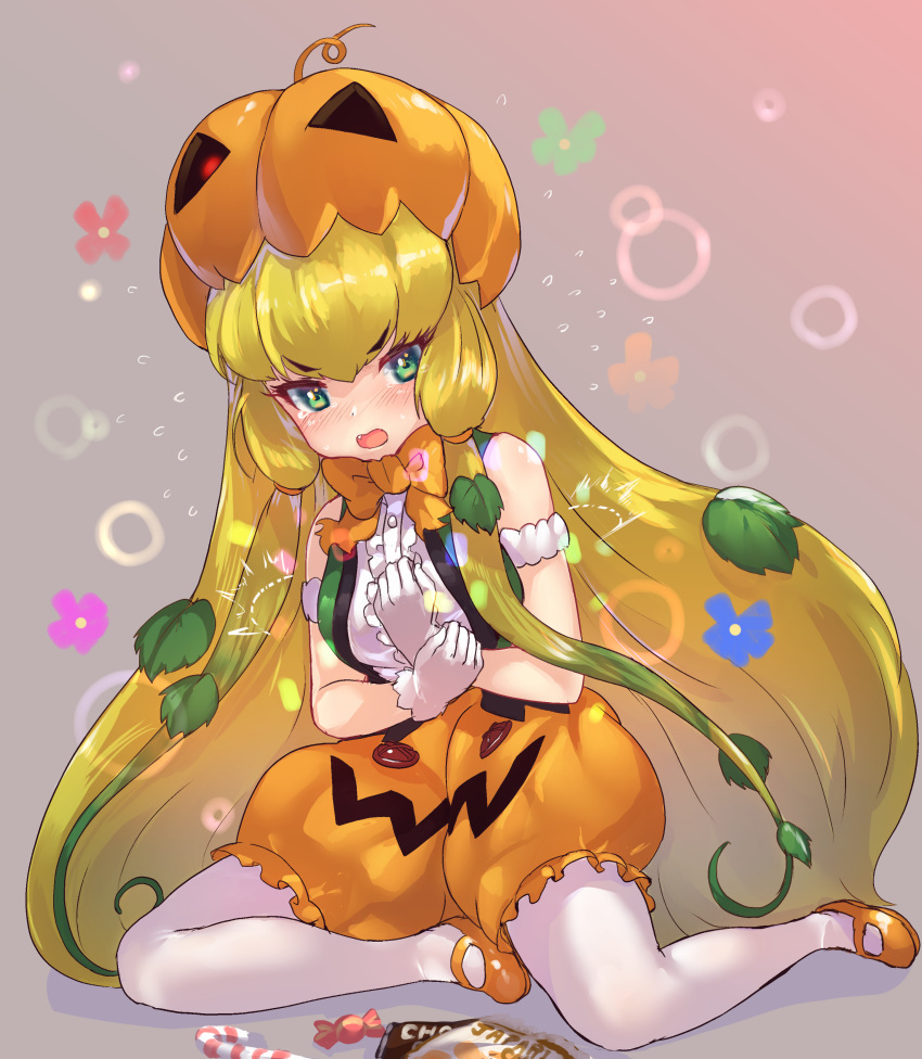1girl absurdres armband bare_shoulders blonde_hair blush bow bowtie center_frills commentary_request embarrassed eyebrows_visible_through_hair fang flying_sweatdrops frills gloves green_eyes green_hair green_vest hair_tubes highres jack-o'-lantern_(kemono_friends) kemono_friends long_hair looking_at_viewer mary_janes multicolored_hair open_mouth orange_footwear orange_neckwear orange_shorts pantyhose plant pumpkin_hat pumpkin_pants shirt shoes shorts sidelocks sitting sleeveless solo tadano_magu tearing_up v-shaped_eyebrows very_long_hair vest vines white_gloves white_legwear white_shirt