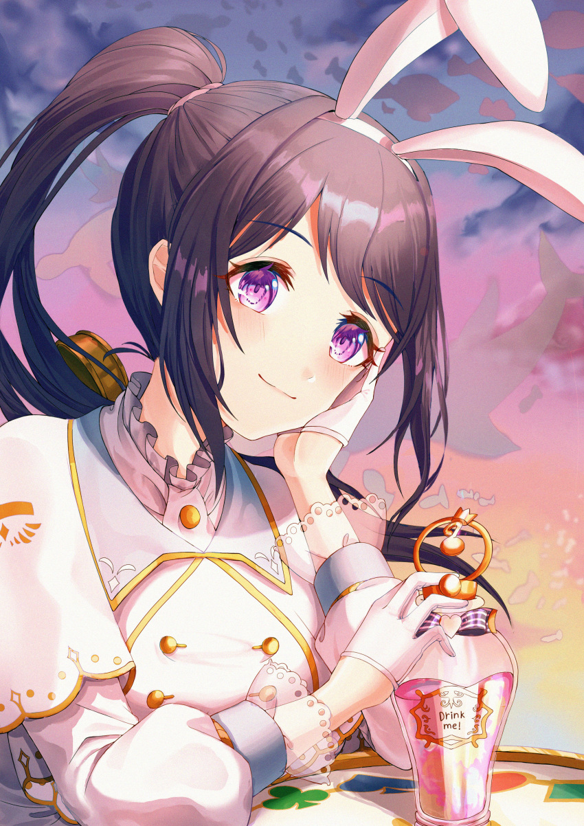 1girl absurdres animal_ears bangs bunny_ears cloud club_(shape) commentary diamond_(shape) drink_me eyebrows_visible_through_hair gloves half_gloves heart highres jacket key kinyouny looking_at_viewer love_live! love_live!_sunshine!! matsuura_kanan outdoors parted_bangs ponytail puffy_sleeves purple_eyes purple_hair sidelocks smile solo spade_(shape) table twilight upper_body vial white_gloves white_jacket white_rabbit