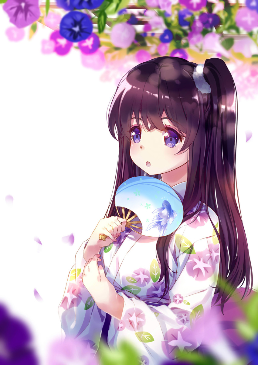 1girl 54hao :o bangs blue_flower blurry blurry_background depth_of_field eyebrows_visible_through_hair fan floral_print flower hair_between_eyes hands_up highres holding holding_fan japanese_clothes kimono long_hair long_sleeves looking_away nail_polish obi one_side_up original paper_fan parted_lips petals pink_flower pink_nails print_kimono purple_eyes purple_flower purple_hair sash solo uchiwa very_long_hair white_background white_kimono wide_sleeves yukata