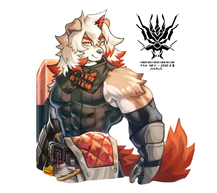 2020 anthro arknights canid canine canis clothing domestic_dog fur hair hi_res horn hung_(arknights) male mammal multicolored_body multicolored_fur multicolored_hair orange_body solo video_games white_hair wolfmalro