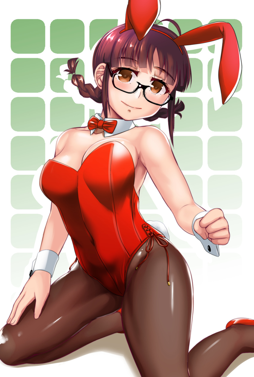 1girl absurdres akizuki_ritsuko animal_ears antenna_hair bangs black-framed_eyewear black_legwear bow bowtie braid breasts brown_eyes brown_hair bunny_ears bunny_tail clenched_hand closed_mouth collar covered_navel detached_collar eyebrows_visible_through_hair fake_animal_ears fake_tail full_body glasses gradient gradient_background grid_background hair_tie hand_on_own_thigh head_tilt high_heels highres idolmaster idolmaster_(classic) idolmaster_1 kneeling legs leotard looking_at_viewer medium_breasts medium_hair pantyhose playboy_bunny red_bow red_footwear red_leotard red_neckwear semi-rimless_eyewear shadow side-tie_leotard smile solo strapless strapless_leotard tail twin_braids twintails under-rim_eyewear white_background white_collar wing_collar wrist_cuffs yellow_quokka