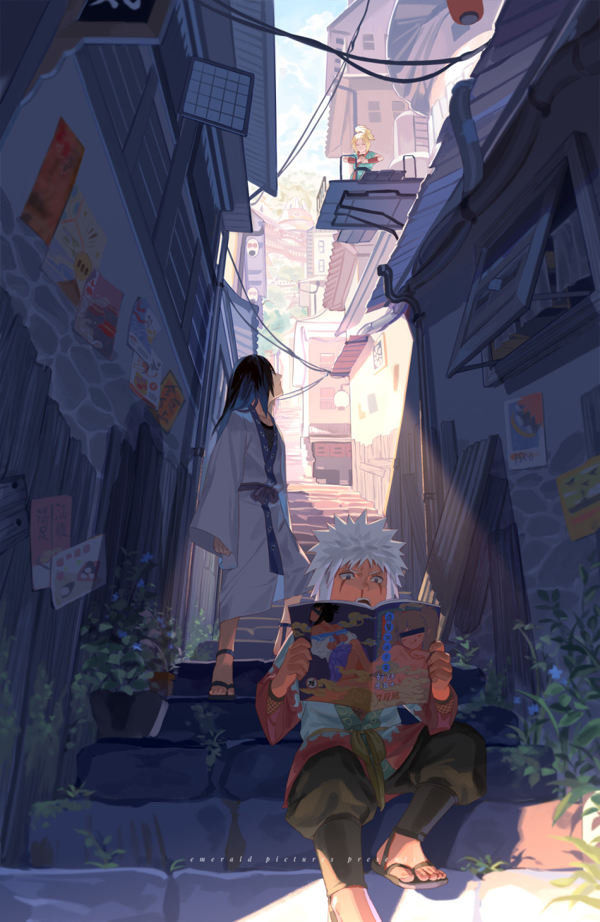 1girl 2boys black_eyes black_hair black_pants blonde_hair blood building day facial_mark foot_out_of_frame full_body high_ponytail highres holding holding_magazine holy_pumpkin jacket japanese_clothes jiraiya long_hair long_sleeves looking_at_another magazine multiple_boys naruto naruto_(series) nosebleed open_mouth orochimaru outdoors pants sandals shade short_hair sitting sleeves_past_fingers sleeves_past_wrists spiked_hair stairs standing tsunade white_hair white_jacket white_robe wide_sleeves younger
