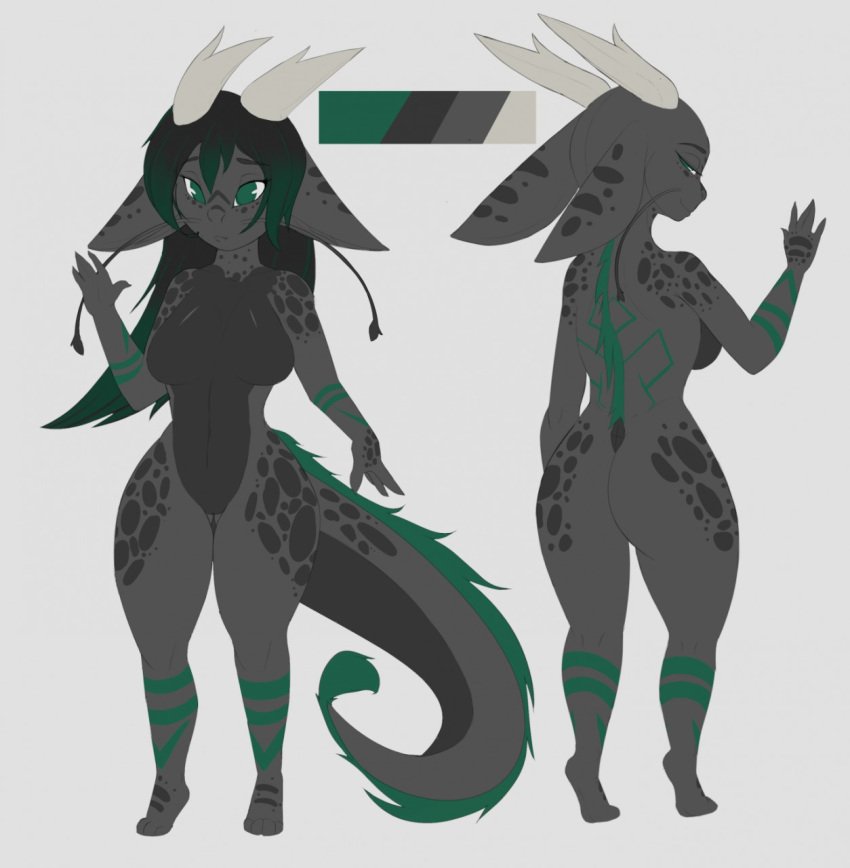 5_fingers anthro anzu_kaminaga asian_mythology black_hair breasts butt_from_the_front countershading dragon east_asian_mythology eastern_dragon featureless_breasts featureless_crotch female fingers front_view fur gradient_hair green_body green_eyes green_fur green_hair grey_body grey_skin hair hi_res horn long_hair model_sheet mythology non-mammal_breasts nude rear_view reverse_countershading scales scalie short_stack simple_background small_feet solo tail_tuft thick_tail thick_thighs thigh_gap tuft whiskers white_background wide_hips zoyler