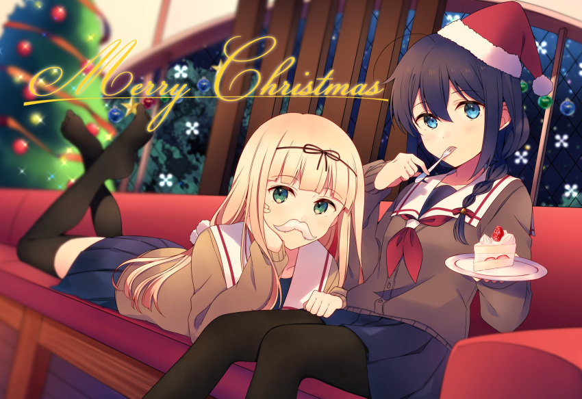 2girls ahoge bangs black_legwear blonde_hair blue_skirt braid cake christmas christmas_tree couch eating facial_hair fake_facial_hair fake_mustache food fork green_eyes hair_ribbon hat head_rest highres holding holding_fork holding_plate indoors kantai_collection long_hair lying merry_christmas multiple_girls mustache night on_stomach pantyhose plate pleated_skirt ribbon sailor_collar santa_hat school_uniform serafuku shigure_(kantai_collection) single_braid sitting skirt thighhighs window yukichi_(eikichi) yuudachi_(kantai_collection)