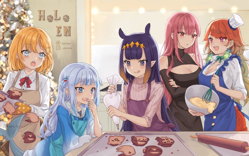 5girls alternate_costume animal_ears apron baking black_shirt blonde_hair bloop_(gawr_gura) blue_apron blue_eyes blue_hair blue_hoodie blush bowl breasts brown_apron bubba_(watson_amelia) casual chef_hat christmas_tree cleavage cleavage_cutout clothing_cutout collared_shirt commentary cookie copyright_name cowboy_shot crossed_arms death-sensei_(mori_calliope) detached_sleeves earrings english_commentary eyebrows_visible_through_hair feather_earrings feathers fish_tail flat_chest food gawr_gura gradient_hair hair_ornament hat holding holding_bowl holding_whisk hololive hololive_english hood hoodie instagram_username jewelry long_hair medium_breasts mini_hat mori_calliope multicolored_hair multiple_girls nail_polish neck_ribbon ninomae_ina'nis open_mouth orange_hair orange_nails oven_mitts parted_lips partially_unbuttoned pastry_bag pink_eyes pink_hair pink_sweater polka_dot purple_apron purple_eyes purple_hair red_neckwear ribbed_sweater ribbon rolling_pin shark_hair_ornament shark_tail shark_teeth shirt short_hair short_twintails silver_hair smile streaked_hair sweater tail takanashi_kiara tako_(ninomae_ina'nis) ten-chan_(eternal_s) tentacle_hair tiara tongue tongue_out turtleneck turtleneck_sweater twintails twitter_username two-tone_hair two_side_up virtual_youtuber watson_amelia whisk white_headwear white_shirt wing_collar