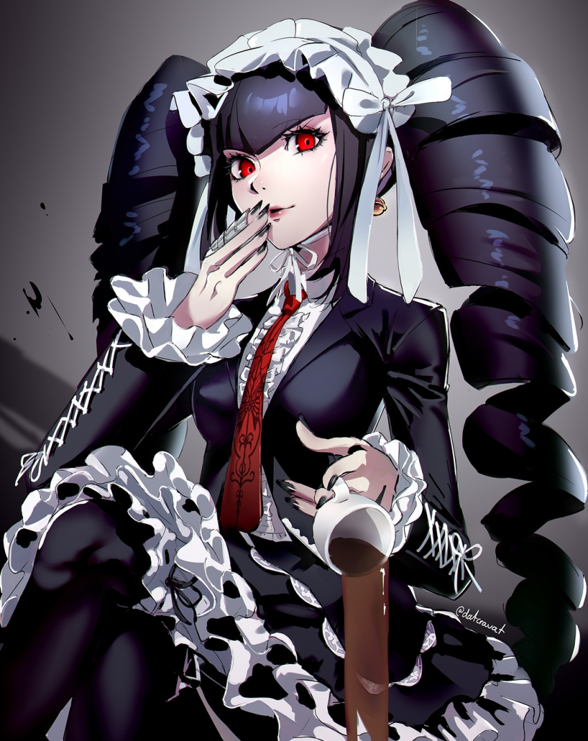 1girl black_hair black_nails bonnet celestia_ludenberck cup danganronpa:_trigger_happy_havoc danganronpa_(series) datcravat drill_hair gothic_lolita highres holding holding_cup lolita_fashion long_hair looking_at_viewer red_neckwear teacup twintails