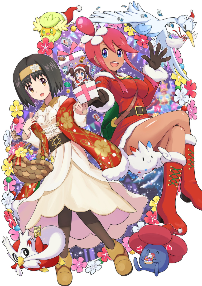 2girls absurdres alternate_costume between_breasts black_hair blue_eyes boots breasts cake comfey crossed_legs dark_skin delibird dress erika_(pokemon) eyebrows_visible_through_hair food gen_1_pokemon gen_2_pokemon gen_4_pokemon gen_5_pokemon gen_7_pokemon gift gloves gym_leader hair_ornament hat headband highres large_breasts multiple_girls pantyhose pokemoa pokemon pokemon_(game) pokemon_masters_ex red_hair rosa_(pokemon) santa_boots santa_costume santa_hat scarf short_hair sidelocks skyla_(pokemon) strap_between_breasts swanna togekiss vileplume yellow_eyes