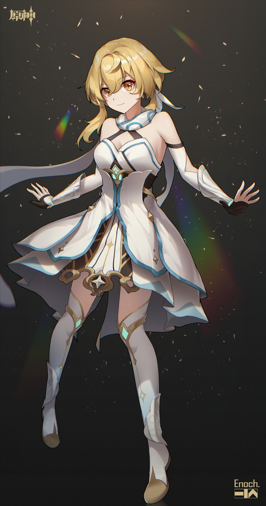 1girl bangs bare_shoulders blonde_hair breasts cleavage detached_sleeves dress enoch_(enoch1368) flower genshin_impact hair_between_eyes hair_flower hair_ornament highres looking_at_viewer lumine_(genshin_impact) medium_breasts rainbow sparkle white_dress white_legwear yellow_eyes