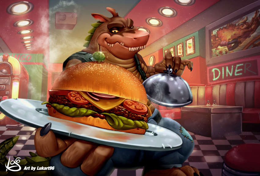 2020 activision anthro bottomwear burger canid canine canis claws clothing crash_bandicoot_(series) crocodile crocodilian crocodylid detailed digital_media_(artwork) diner dingo dingodile food furniture hi_res hybrid lukart96 male mammal pants plate reptile scalie sharp_teeth smile solo steam table teeth video_games