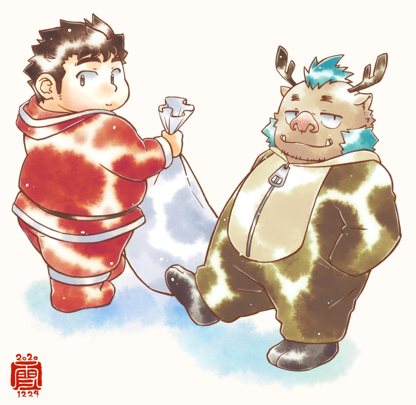 2020 anthro chubby_protagonist_(tas) clothing costume duo gouryou hi_res human kemono male mammal onesie protagonist_(tas) santa_costume slightly_chubby suid suina sus_(pig) tokyo_afterschool_summoners video_games wild_boar yukimushi6