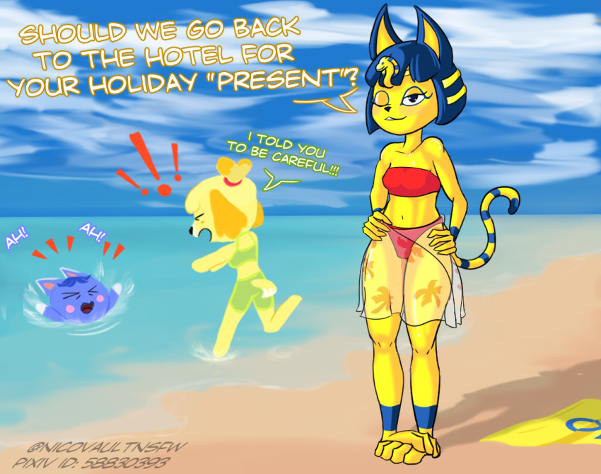 animal_crossing animal_humanoid ankha_(animal_crossing) anthro beach blue_hair breasts canid canine canis clothed clothing domestic_cat domestic_dog egyptian felid feline felis female group hair humanoid isabelle_(animal_crossing) looking_at_viewer mammal mammal_humanoid nicovault nintendo red_clothing red_swimwear rosie_(animal_crossing) seaside shih_tzu smile summer swimwear text toy_dog video_games yellow_body