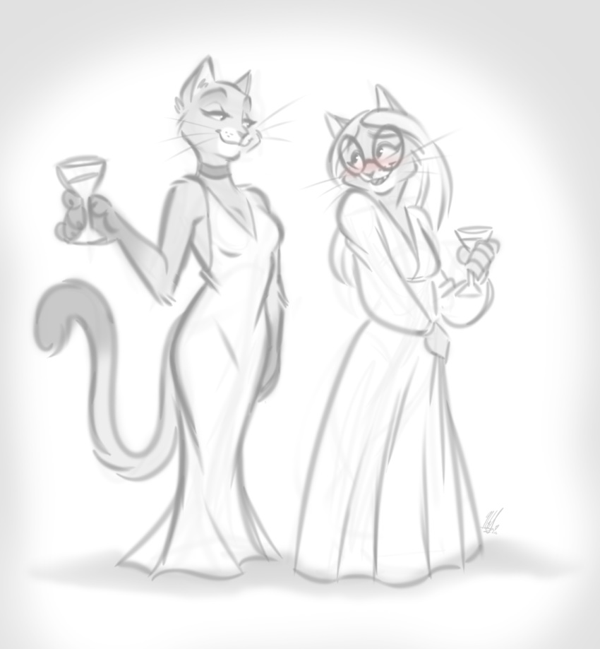 2020 alcohol anthro arm_&amp;_hammer beverage blush choker clothed clothing cocktail domestic_cat dress duo eyewear felid feline felis female fully_clothed glasses greyscale hi_res jessica_(arm_&amp;_hammer) jewelry mammal monochrome necklace nicnak044 sketch spot_color whiskers