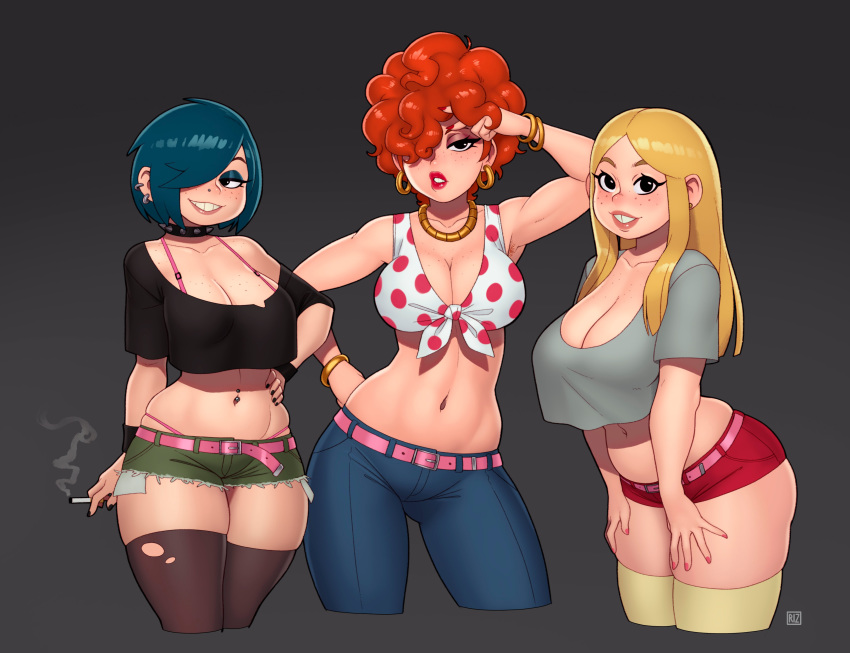 3girls absurdres belt black_eyes black_nails blonde_hair blue_hair bra bra_strap breasts buck_teeth cartoon_network choker cigarette cleavage commentary curly_hair ear_piercing earrings ed_edd_n_eddy english_commentary freckles green_shorts grey_background hair_over_one_eye highres jewelry lee_kanker lips long_hair makeup marie_kanker may_kanker midriff multiple_girls navel_piercing panties piercing pink_belt pink_bra pink_panties punk red_shorts rizdraws short_hair short_shorts shorts siblings simple_background sisters spiked_choker spikes teeth thighhighs torn_clothes torn_legwear underwear yellow_legwear