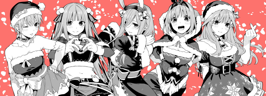 5girls :d absurdres alternate_costume bare_shoulders bell bell_choker belt blush bow breasts capelet choker christmas cleavage closed_mouth commentary cowboy_shot cropped_shirt dress earrings elbow_gloves fake_antlers fur-trimmed_capelet fur-trimmed_hood fur_trim gloves go-toubun_no_hanayome greyscale hair_bell hair_between_eyes hair_ornament hair_ribbon hairband hand_in_hair hand_on_hip hands_together haruba_negi hat heart heart_hands highres hood jewelry long_hair looking_at_viewer medium_breasts midriff monochrome multiple_girls nail_polish nakano_ichika nakano_itsuki nakano_miku nakano_nino nakano_yotsuba navel off-shoulder_dress off_shoulder one_eye_closed open_mouth partially_colored plaid pom_pom_(clothes) red_background ribbon santa_costume santa_dress santa_hat short_hair siblings simple_background sisters skirt smile snowflake_print symbol_commentary