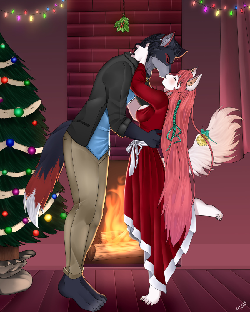 4:5 absurd_res accessory anthro artemis_tsukino bell blush bottomwear breasts canid canine canis christmas christmas_clothing christmas_lights christmas_tree cleavage clothed clothing cottage curtains domestic_cat dress duo eyes_closed felid feline felis female fire fireplace fluffy fluffy_tail fur hair hair_accessory hand_on_head hand_on_hip hi_res holidays jacket karina-g kissing long_hair long_nails long_tail lycos_ryugen male male/female mammal mistletoe multicolored_body multicolored_fur ornaments pants pink_nose plant raised_leg red_clothing red_dress topwear tree white_body white_fur wolf