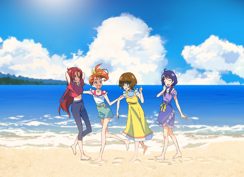 4girls :o ^_^ ^o^ absurdres ahoge aqua_shorts arm_grab arms_behind_back barefoot beach black_choker blouse blue_eyes blue_hair blue_skirt bob_cut bow brown_hair choker closed_eyes cloud cloudy_sky crop_top day dress eyebrows_visible_through_hair footprints glasses green_eyes hair_bow happy highres ichinose_midori jewelry laughing long_hair looking_at_another low_twintails midriff multiple_girls natsumi_manatsu ocean off_shoulder orange_hair outdoors pants pouch precure purple_blouse purple_eyes red_bow red_hair ring round_eyewear sand scenery shell_necklace short_hair shorts side_ponytail sketch skirt sky smile stomach suzumura_sango takizawa_asuka tomatomagica tropical-rouge!_precure twintails walking_backwards white_blouse yellow_bow yellow_dress