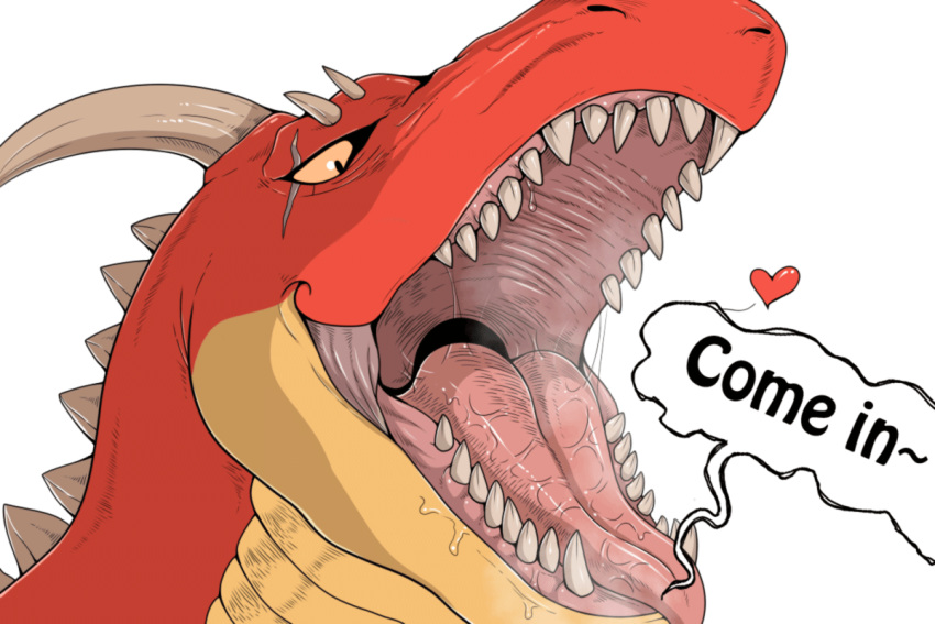 &lt;3 2020 3:2 ambiguous_gender anthro bodily_fluids dragon english_text gaping_mouth horn mouth_shot open_mouth orange_sclera pink_tongue red_body saliva saliva_string scalie scar sharp_teeth simple_background solo speech_bubble tan_(artist) teeth text tongue western_dragon white_background