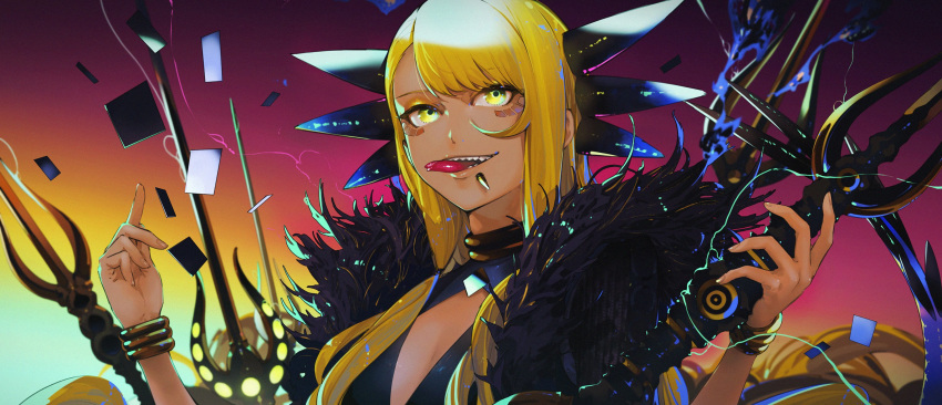 1girl blonde_hair bracelet breasts cleavage electricity facial_mark fate/grand_order fate_(series) fingernails highres jewelry la-na lip_piercing long_hair piercing polearm sharp_teeth spear teeth tongue tongue_out vritra_(fate) weapon yellow_eyes