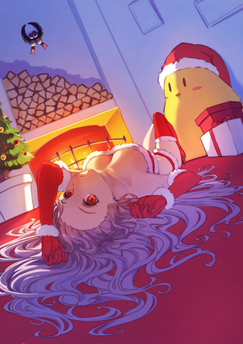 1girl arm_up azur_lane bikini boots box breasts christmas_tree cleavage closed_mouth downblouse elbow_gloves fire fireplace firewood foreshortening from_behind full_body fur-trimmed_bikini fur-trimmed_boots fur-trimmed_gloves fur_trim gift gift_box gloves hatski.sin highres indoors jean_bart_(azur_lane) large_breasts long_hair looking_at_viewer looking_back manjuu_(azur_lane) on_floor purple_hair red_bikini red_eyes red_footwear red_gloves santa_bikini santa_gloves solo stuffed_toy swimsuit thigh_boots thighhighs very_long_hair wavy_hair